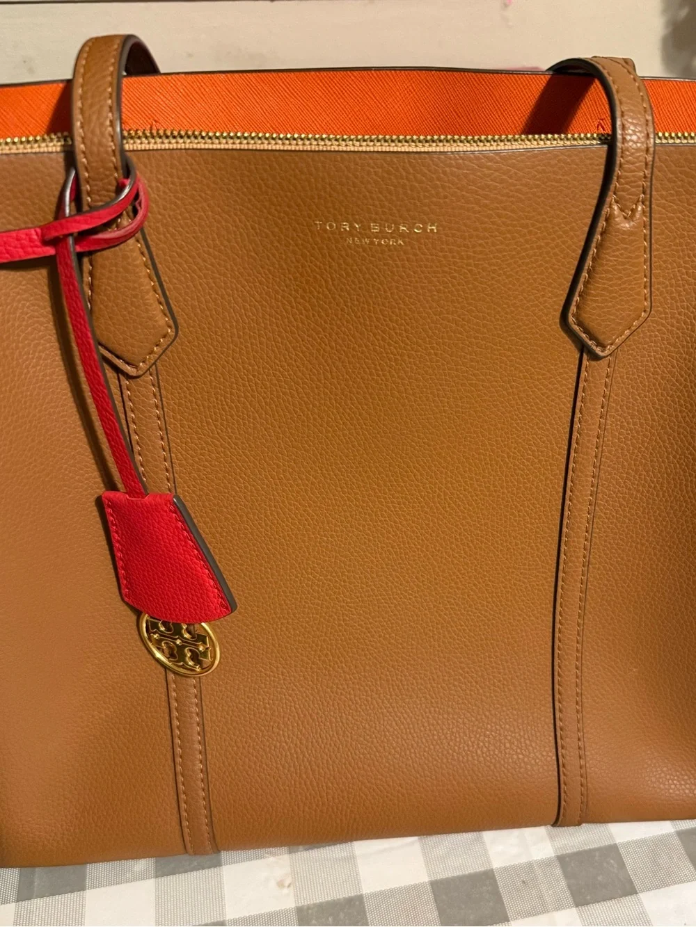 Tory Burch Perry Tote Bag in Cognac with Orange Interior